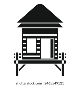 Tropical beach hut icon vector illustration in simple black and white stylized design isolated on white background. Perfect for vacation and travel symbol