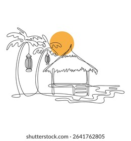 Tropical beach hut with palm tree and sun isolated on white background