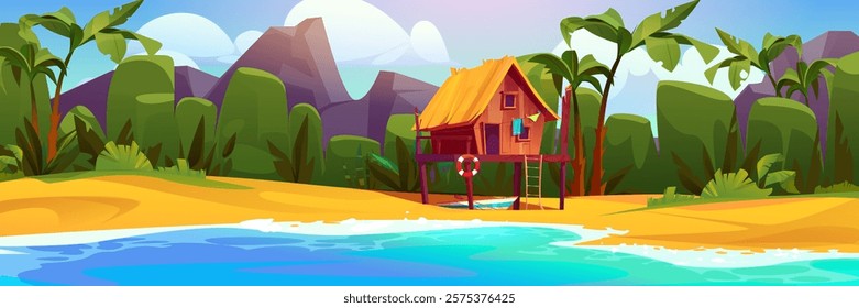 Tropical beach hut panorama - raised wooden bungalow with straw roof near blue ocean water, sandy shore, palm trees, green vegetation and rocky mountains. Paradise island landscape for summer holiday.