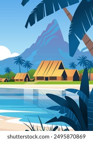 Tropical beach huts mountain landscape palm trees serene water vibrant colors travel destination background