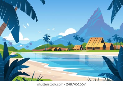 Tropical beach huts palm trees mountain serene coastal landscape with blue sky and water travel destination background tourism design elements