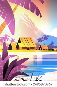 Tropical beach huts palm trees sunset colorful landscape reflection on water mountains background travel concept