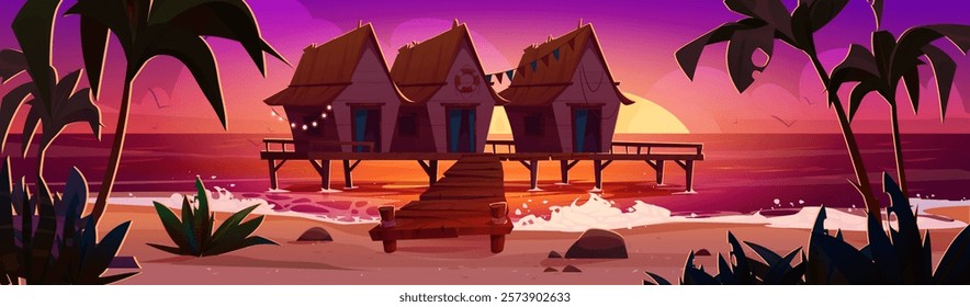 Tropical beach huts panorama - wooden bungalows standing on boardwalk stand over ocean waves during sunset. Palm trees on seaside landscape with pink gradient sky creating exotic vacation atmosphere.