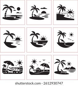Tropical Beach Icon Collection,
 Palm Trees, Sunsets and Relaxation Graphics for Design Projects