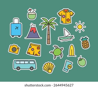 Tropical beach icons set sticker design. Summer beach holiday logo icon collection. Vector illustration