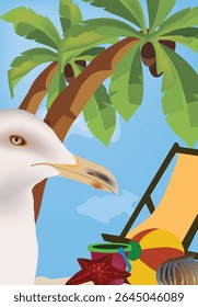 Tropical beach illustrated with seagull, palm trees, beach chair, beach ball, bucket, starfish and seashell