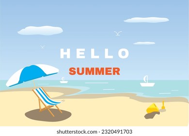 tropical beach illustration background for summer season in december, good for greeting background, element such as beach chair, cloud, sky, sea, sand, bucket, parasol, ship, bird and shovel included