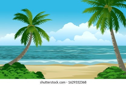 Tropical beach illustration with coconut trees, clouds and blue sky