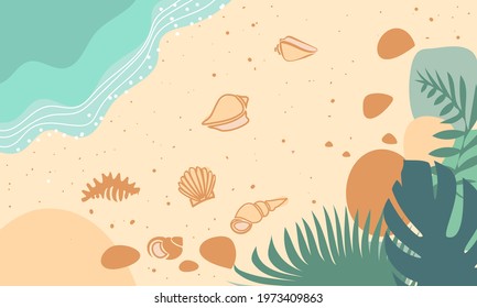 Tropical beach illustration with sand, sea, shells and palm trees. Summer flyer with the sea coast, beach holidays, summer ocean landscape.