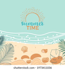 Tropical Beach Illustration With Sand, Sea, Shells And Palm Trees. Summer Flyer With The Sea Coast, Beach Holidays, Summer Ocean Landscape.