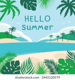 Tropical beach. Illustration with sea, palm trees and beach. Hello summer. Vector.