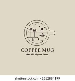 Tropical beach inside coffee mug line art logo design concept. Beach coffee shop logo