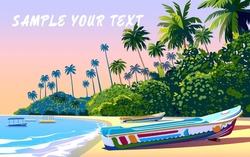 Tropical Beach Island Landscape. Handmade Drawing Vector Illustration. Retro Style Travel Poster Design.