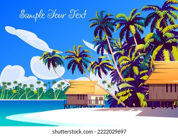 Tropical Beach Island Landscape. Handmade drawing vector illustration. Retro style travel poster design.