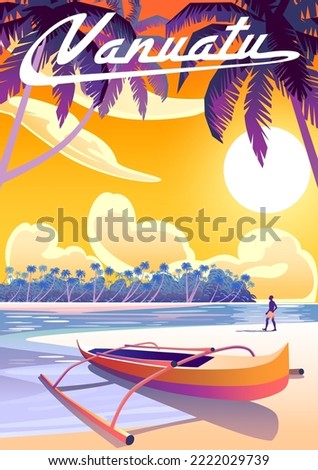 Tropical Beach Island Landscape with traditional canoe in the first plan and island and ocean in the background. Handmade drawing vector illustration. Modern expressive style travel Vanuatu poster.