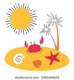 Tropical beach island with palm, crab, seashell, Starfish on the sand. Summer vacation flat trendy style vector concept for resort, beach holiday, cruise, vacation poster, banner, flyer, stickers 