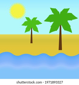 Tropical beach island palm tree ocean sea sun summer vibe cartoon vector