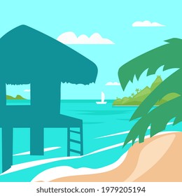 Tropical Beach Island Palm Tree Ocean Summer Vacation Concept Flat Vector Illustration