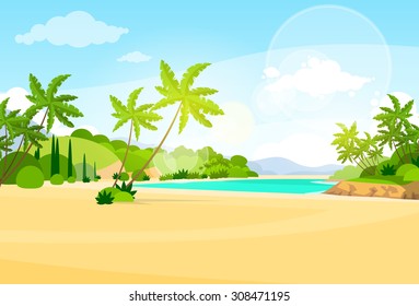 Tropical Beach Island Palm Tree Ocean Summer Vacation Flat Vector Illustration