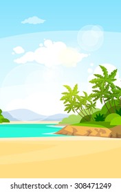 Tropical Beach Island Palm Tree Ocean Summer Vacation Flat Vector Illustration