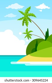 Tropical Beach Island Palm Tree Ocean Summer Vacation Flat Vector Illustration