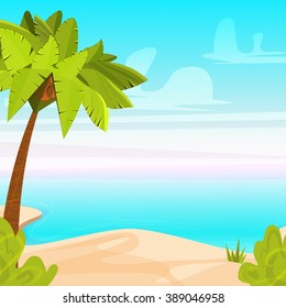 Tropical Beach Island with  Palm Tree. Sandy coast near Ocean. Summer Vacation Cartoon Vector Illustration.