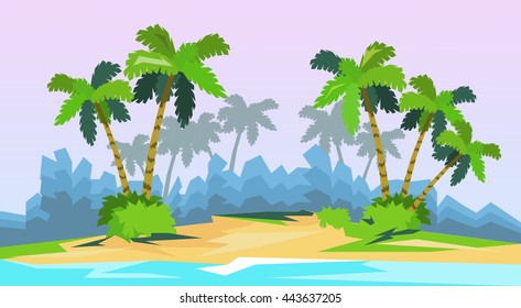 Tropical Beach Island Palm Tree Ocean Summer Vacation Flat Vector Illustration