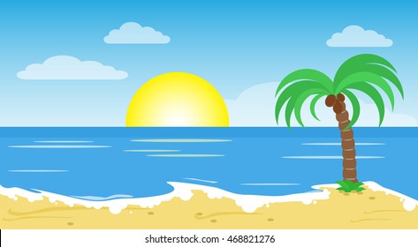 Tropical Beach Island Palm Tree Ocean Summer Vacation Flat Vector Illustration