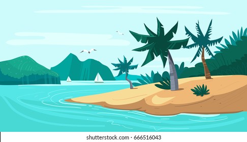 Tropical beach. Island with palm trees and yachts. Vector illustration. 