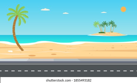 Tropical Beach Island And Road .Vacation Leisure Nature Concept Vector Illustration.Beautiful Seascape  With Coconut Tree And Sky Summer.Travel 
White Beach And Ocean Concept.