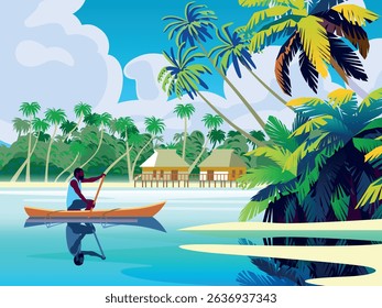 Tropical Beach Island Summertime Landscape with fisherman on canoe in the first plan and traditional polynesian houses with island in the background. Handmade drawing vector illustration.