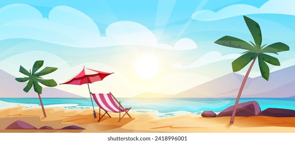 Tropical beach landscape. Beautiful natural panorama with sea or ocean, coastline with sand, exotic palm trees and umbrella. Travel, tourism or summer vacation. Cartoon flat vector illustration