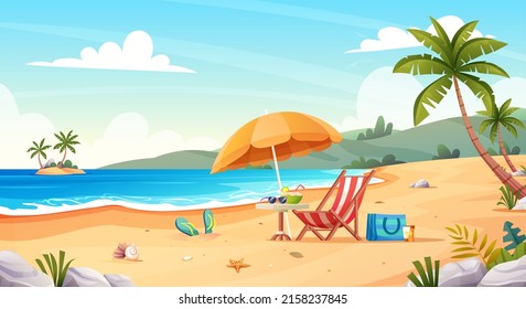 Tropical beach landscape with beach chair and umbrella on the seashore. Summer vacation cartoon vector concept