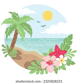 Tropical beach landscape in circle. Beautiful scenes of nature with palm tree, birds, flower and sea vector illustration