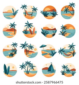 Tropical Beach Landscape in Circle with Idyllic Scene Vector Set