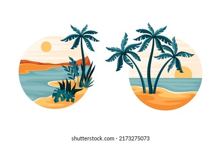 El paisaje tropical de la playa en conjunto circular. Escenas ilínicas de la naturaleza en la ilustración de los vectores de amanecer y puesta de sol