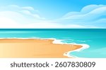 Tropical beach landscape. Curved sandy beach. Turquoise water with gentle waves. Clear blue sky. Center-right section of panoramic seascape. Vacation destination view. Vector scenery illustration.