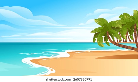 Tropical beach landscape with green palms. Azure ocean waves. Golden sand beach. Bright blue sky. Palm trees on shoreline. Tropical paradise view. Vector scenery illustration.
