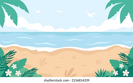 Tropical beach landscape. Hello summer, summer vacation. Ocean shore. Hand drawn vector illustration