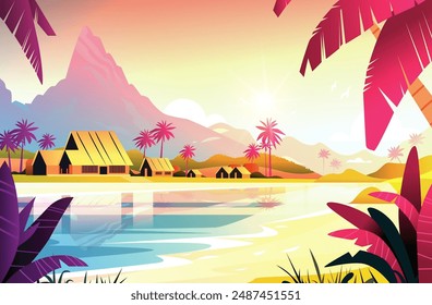 Tropical beach landscape with huts palm trees mountains and sunset vibrant colors scenic view for travel concept backgrounds and design elements