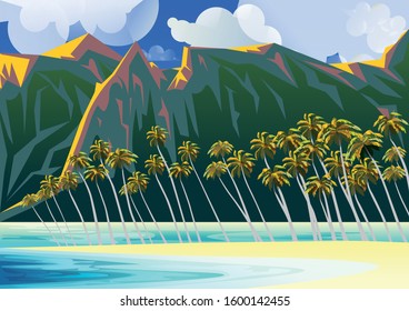 Tropical Beach Landscape with Lagoon, palm trees and mountains in the background. Handmade drawing vector illustration. Retro Poster. All object are grouped into different layers.