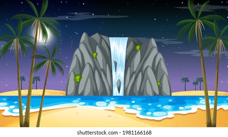 Tropical beach landscape at night scene with waterfall illustration