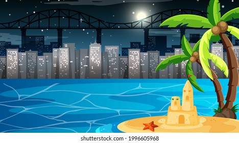Tropical beach landscape at night scene with cityscape background illustration
