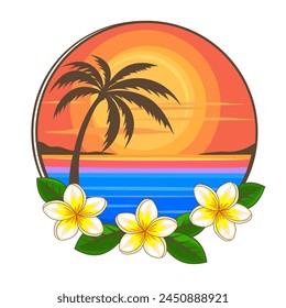 Paisaje tropical de la playa con la palmera en marco redondo de las flores blancas, aislado en la Ilustración vectorial del fondo blanco, concepto de vacaciones de verano.