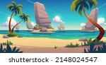 Tropical beach landscape with palm trees, golden sand and rocks in blue water under sky with fluffy clouds. Beautiful paradise seaside, island in ocean, game location, Cartoon 2d vector illustration