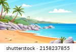 Tropical beach landscape with palm trees and rocks on the seashore cartoon illustration