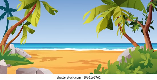 Tropical beach landscape with palm trees, sea or ocean, bushes and rocks. Place for rest. Cartoon vector illustration.