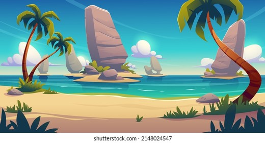 Tropical beach landscape with palm trees, golden sand and rocks in blue water under sky with fluffy clouds. Beautiful paradise seaside, island in ocean, game location, Cartoon 2d vector illustration - Shutterstock ID 2148024547
