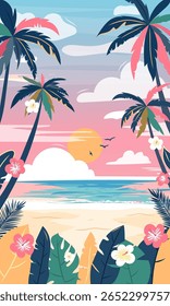 Paisaje de playa tropical con palmeras, olas del océano y cielo del atardecer. Colorida ilustración de verano con hojas y flores exóticas. Perfecto para vacaciones y temas de viajes