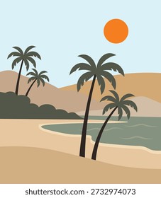 Tropical beach landscape with palm trees and a bright orange sun vector design for use.